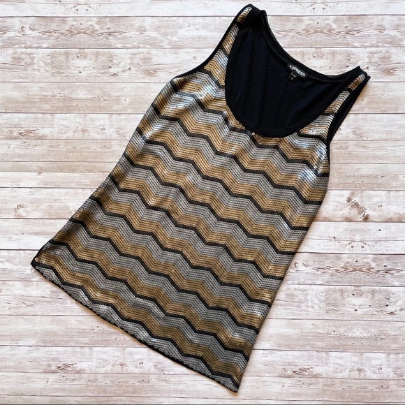 Express Sequined Tank Top Silver Gold  Chevron Scoop Neck Size S - Picture 7 of 11